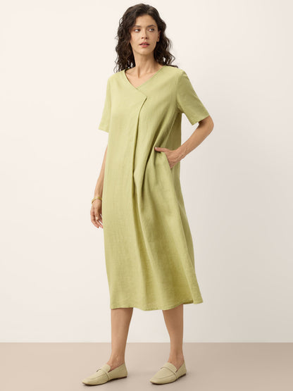 100% Linen Surplice Neck A Line Midi Dress JUDITH by LINTICO