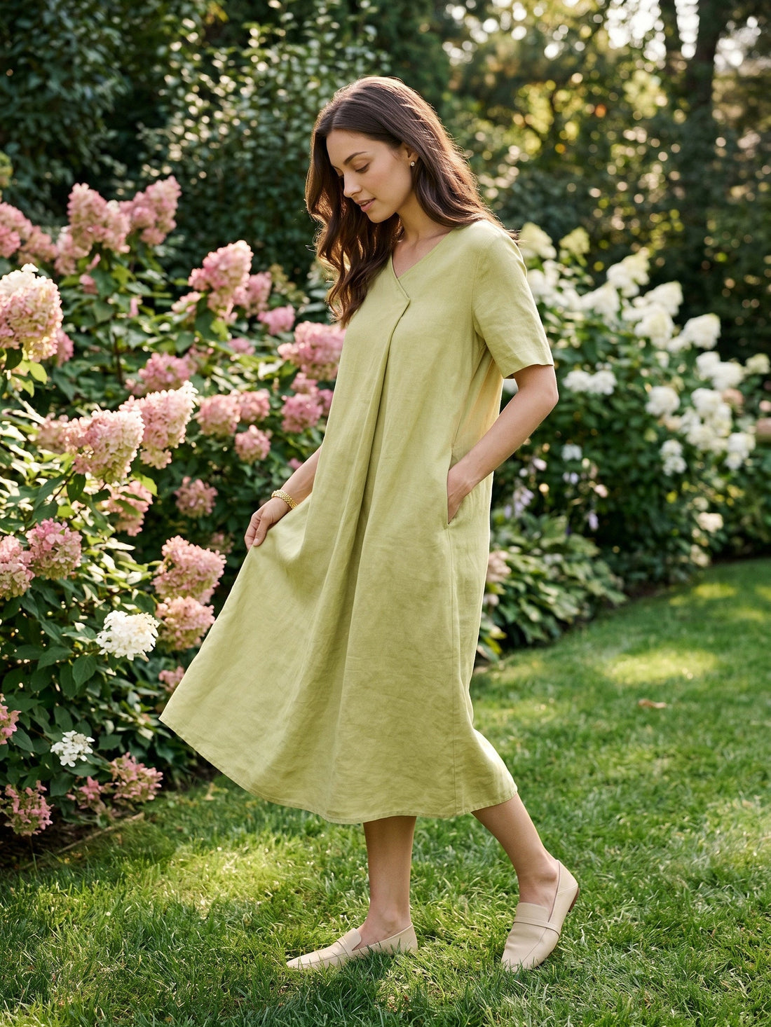 100% Linen Surplice Neck A Line Midi Dress JUDITH by LINTICO