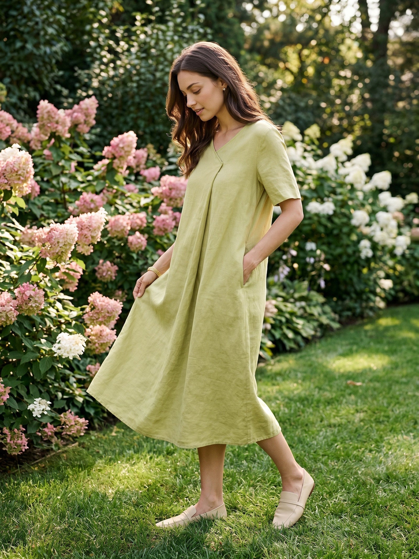 100% Linen Surplice Neck A Line Midi Dress JUDITH by LINTICO