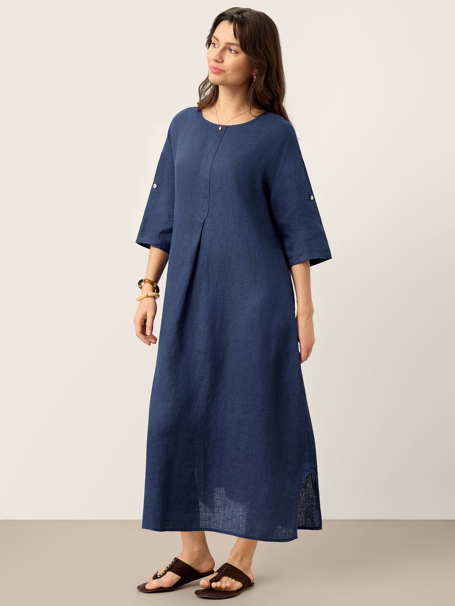 100% Linen Roll-Up Sleeve Inverted Pleat Maxi Dress MARIBEL by LINTICO