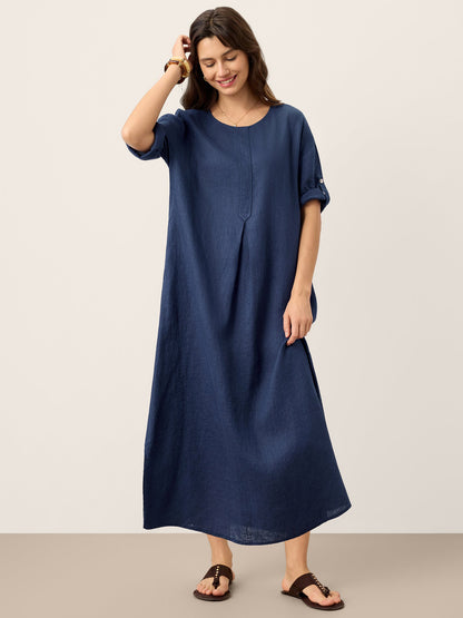 100% Linen Roll-Up Sleeve Inverted Pleat Maxi Dress MARIBEL by LINTICO