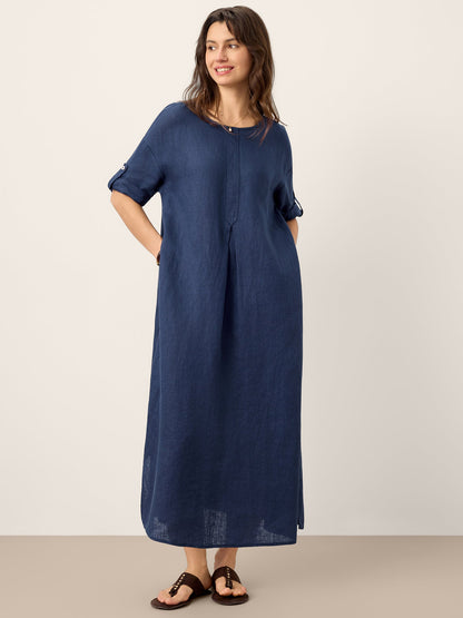 100% Linen Roll-Up Sleeve Inverted Pleat Maxi Dress MARIBEL by LINTICO