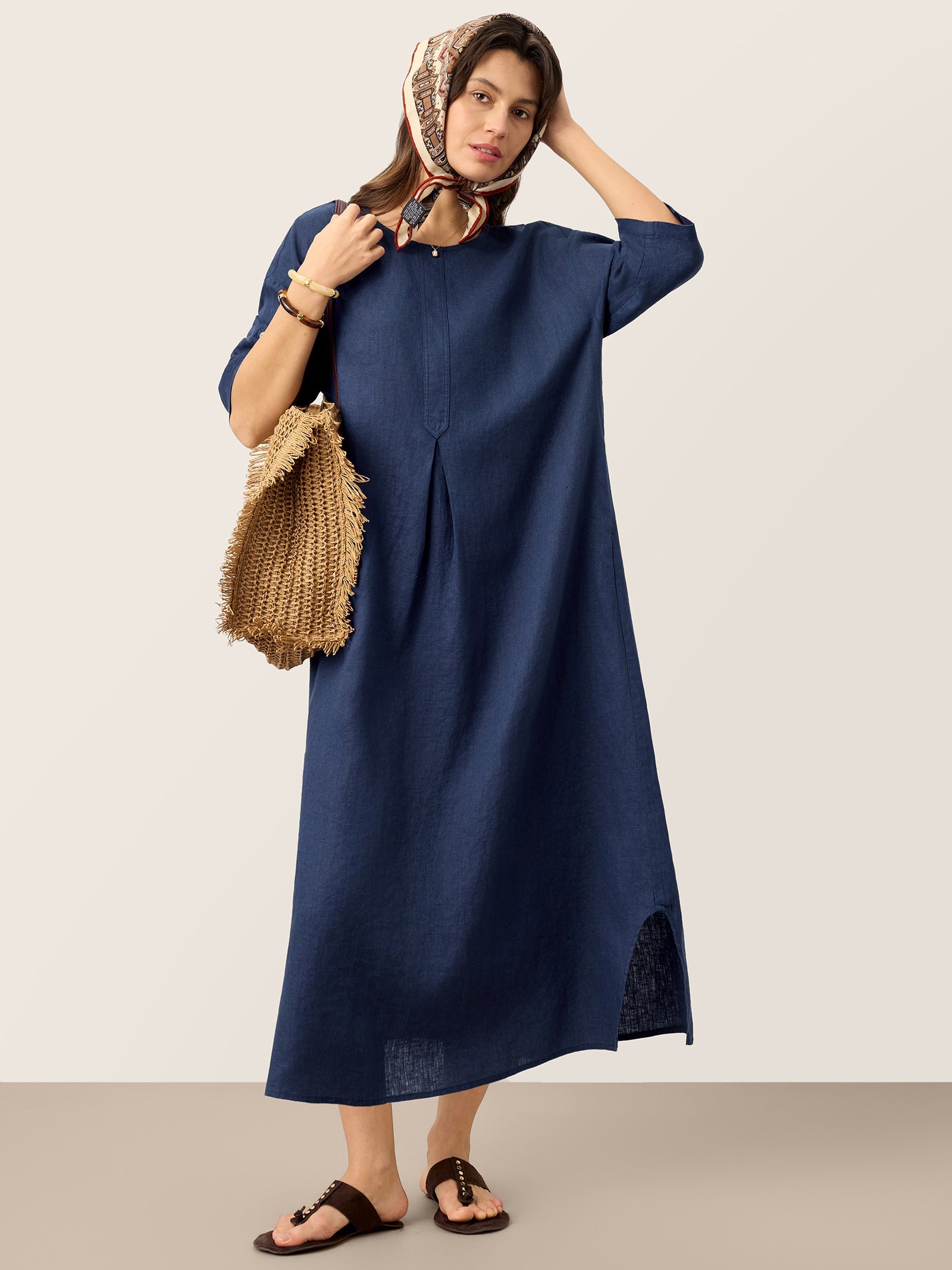 100% Linen Roll-Up Sleeve Inverted Pleat Maxi Dress MARIBEL by LINTICO