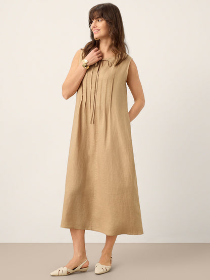 100% Linen Sleeveless Tie-Neck Pintucked Midi Dress MILLICENT by LINTICO