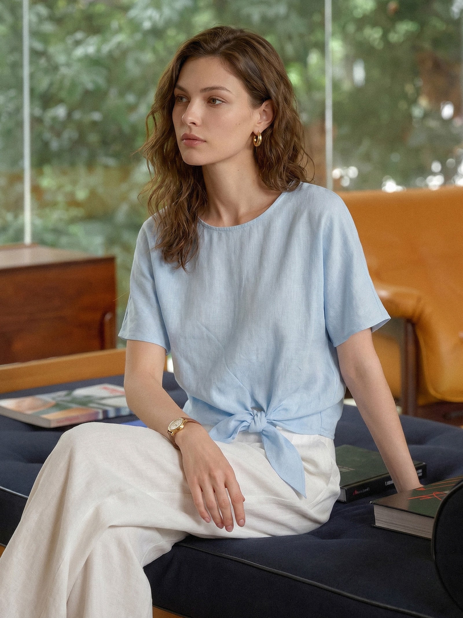 100% Linen Tie Front Drop Shoulder Top PAULA by LINTICO