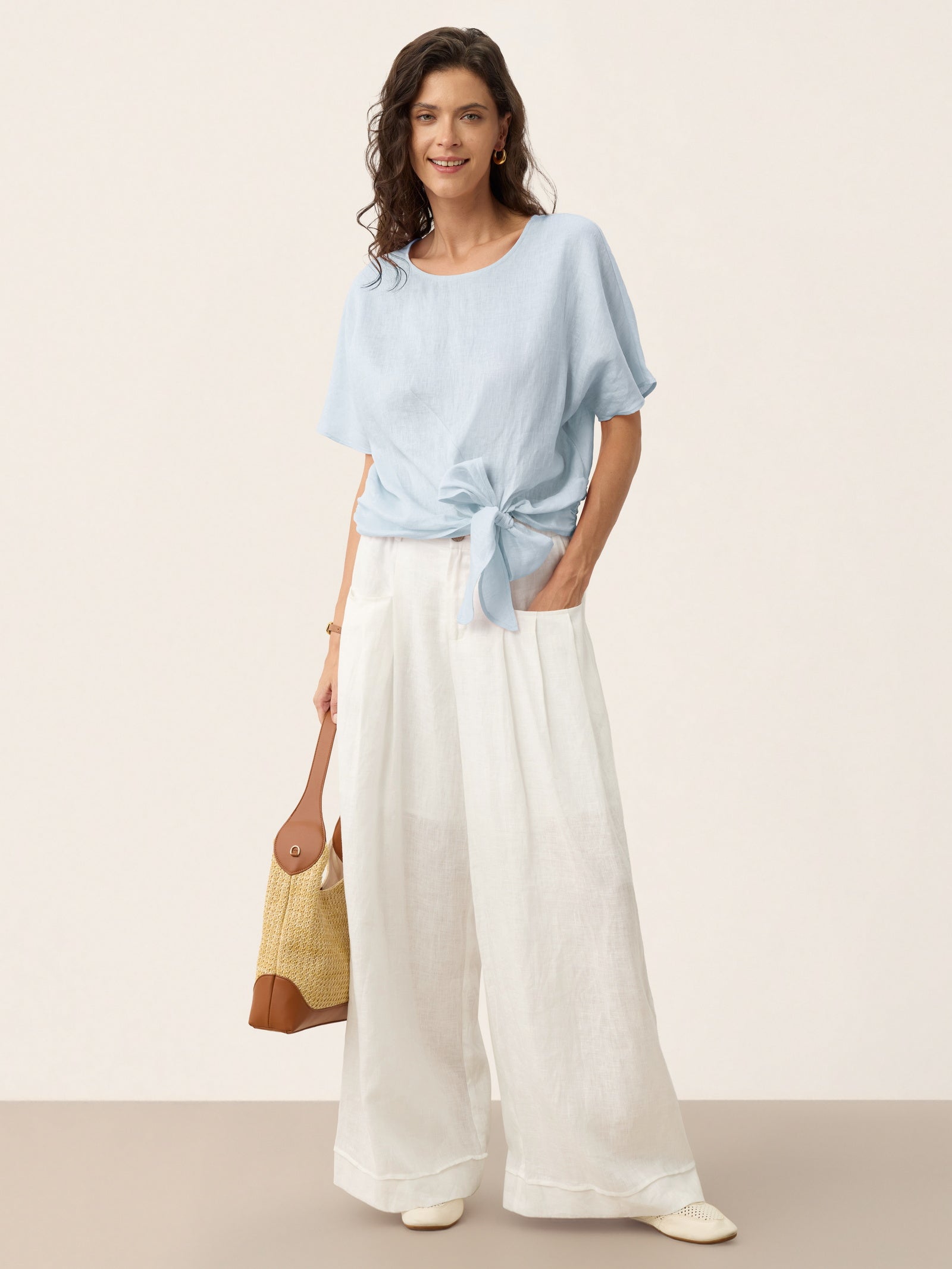 100% Linen Tie Front Drop Shoulder Top PAULA by LINTICO