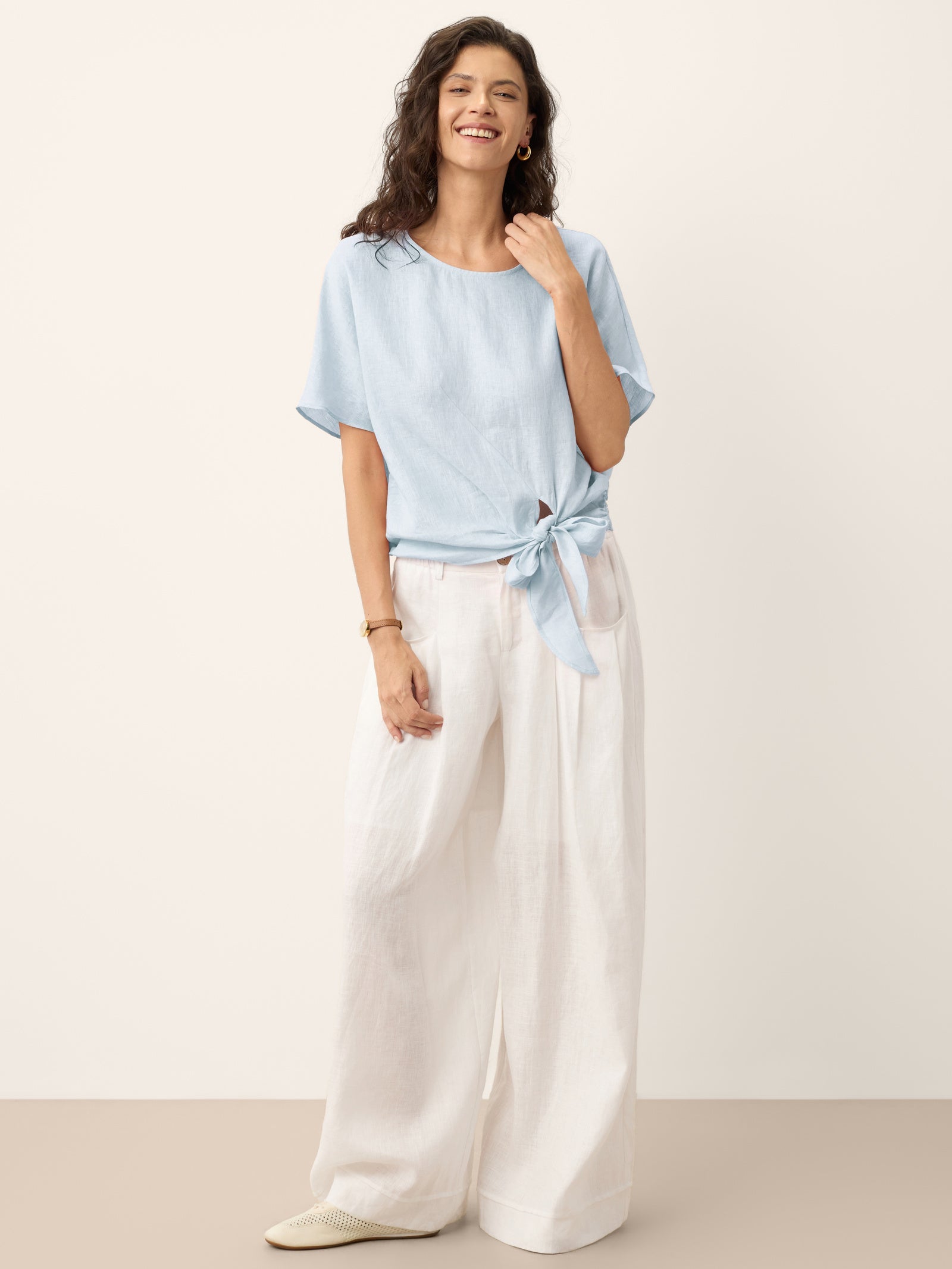 100% Linen Tie Front Drop Shoulder Top PAULA by LINTICO