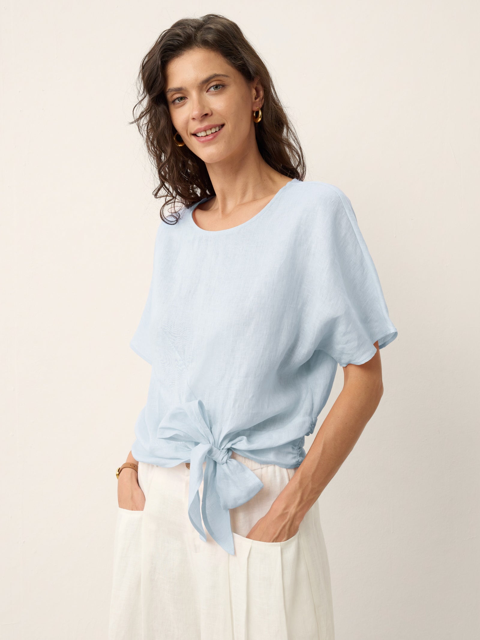 100% Linen Tie Front Drop Shoulder Top PAULA by LINTICO