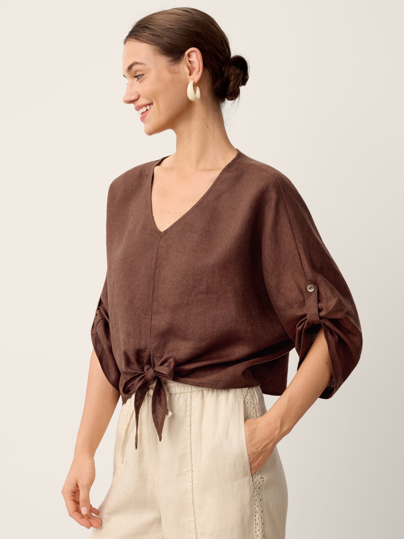 100% Linen Twist-Hem Batwing Top LAVENA by LINTICO