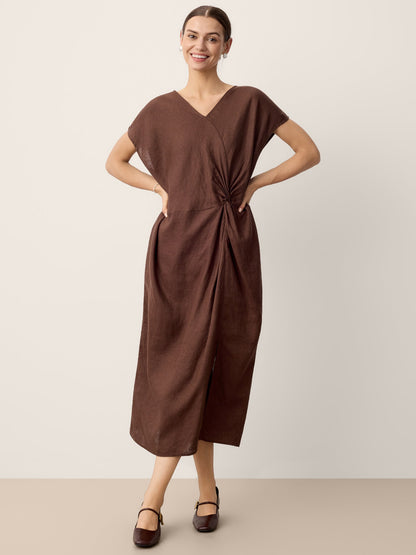 100% Linen Twist-Waist Slit Maxi Dress LYNETTE by LINTICO