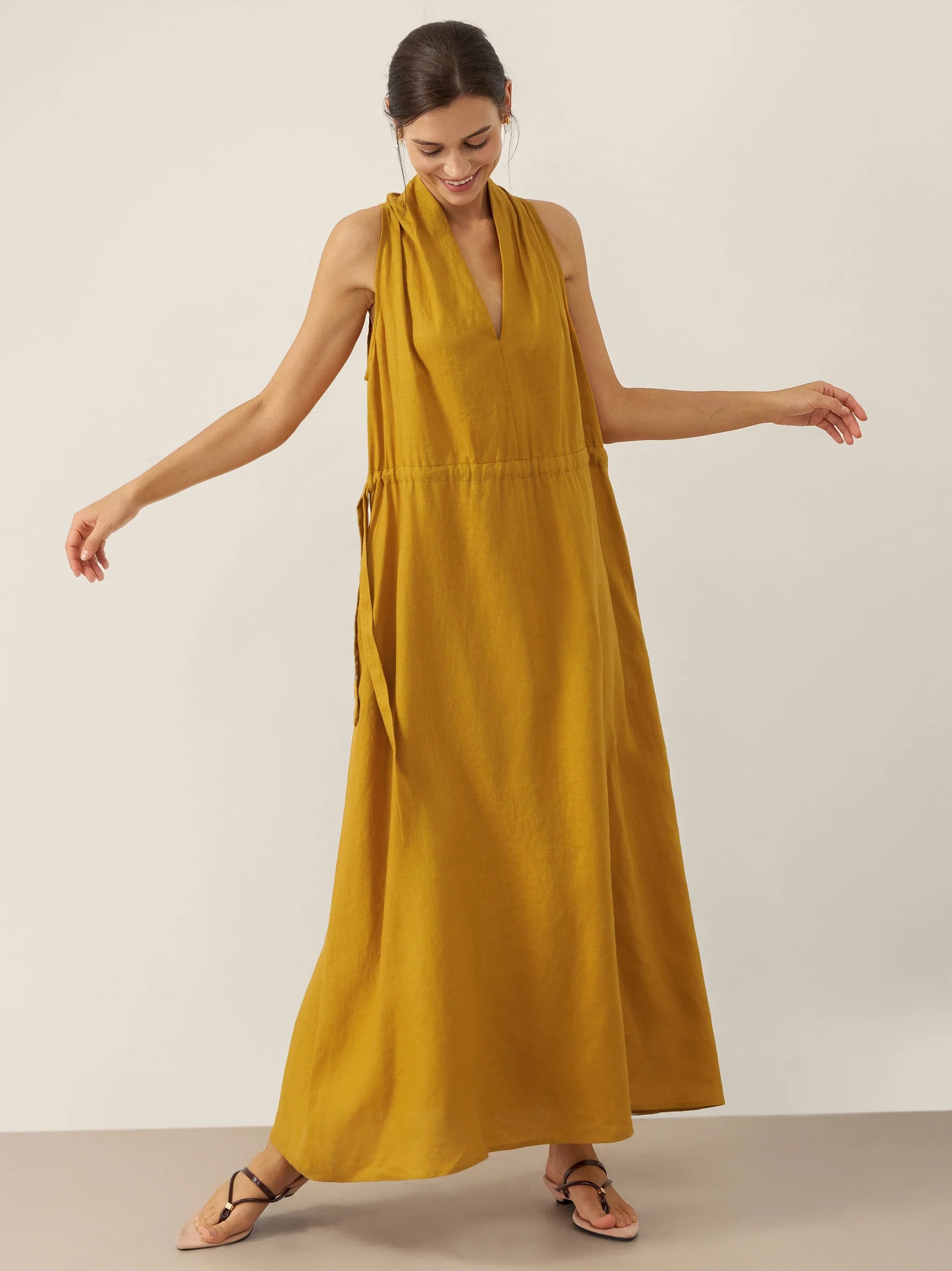 100% Linen V-Neck Halter Maxi Dress BETH by LINTICO