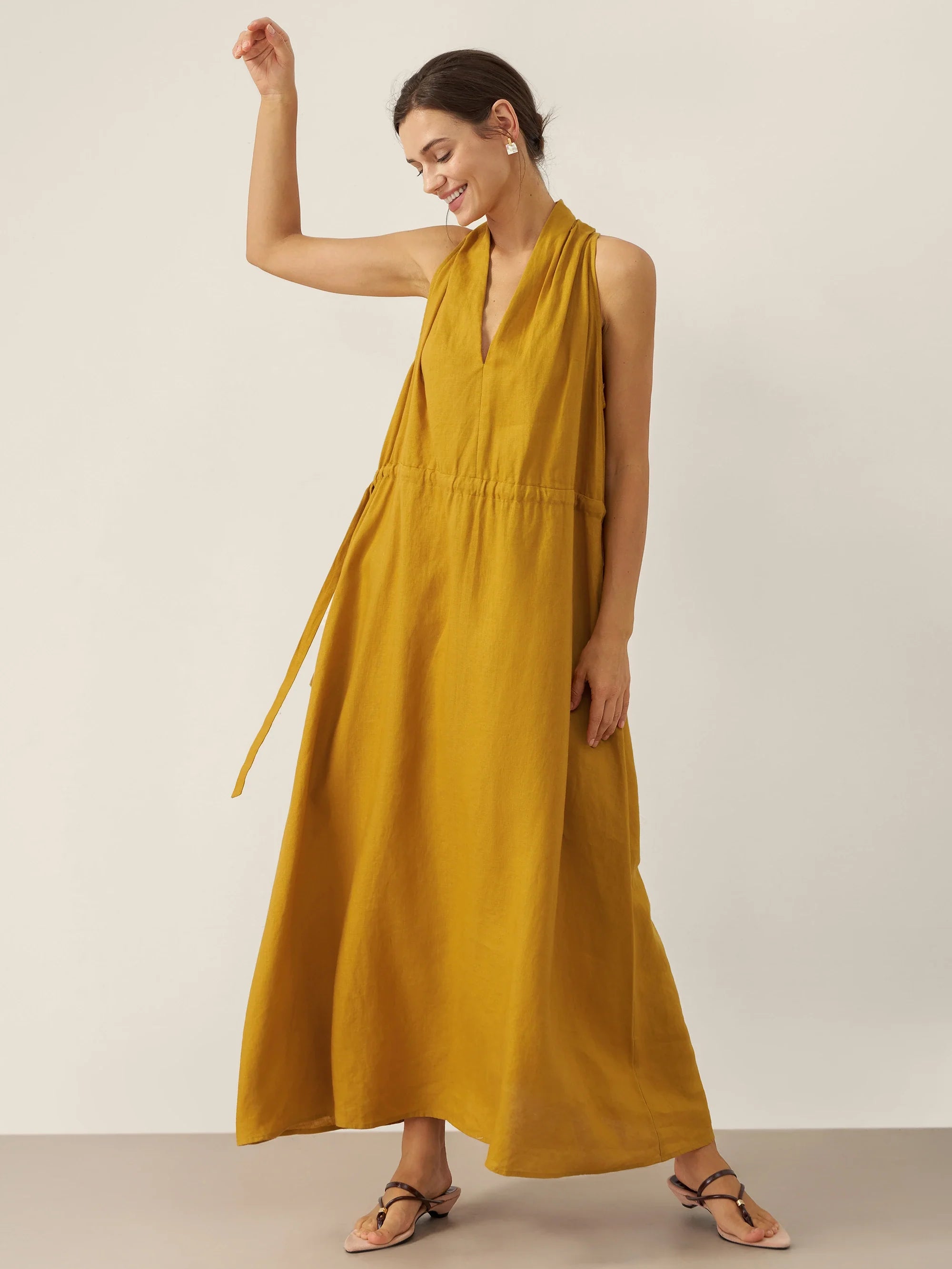100% Linen V-Neck Halter Maxi Dress BETH by LINTICO