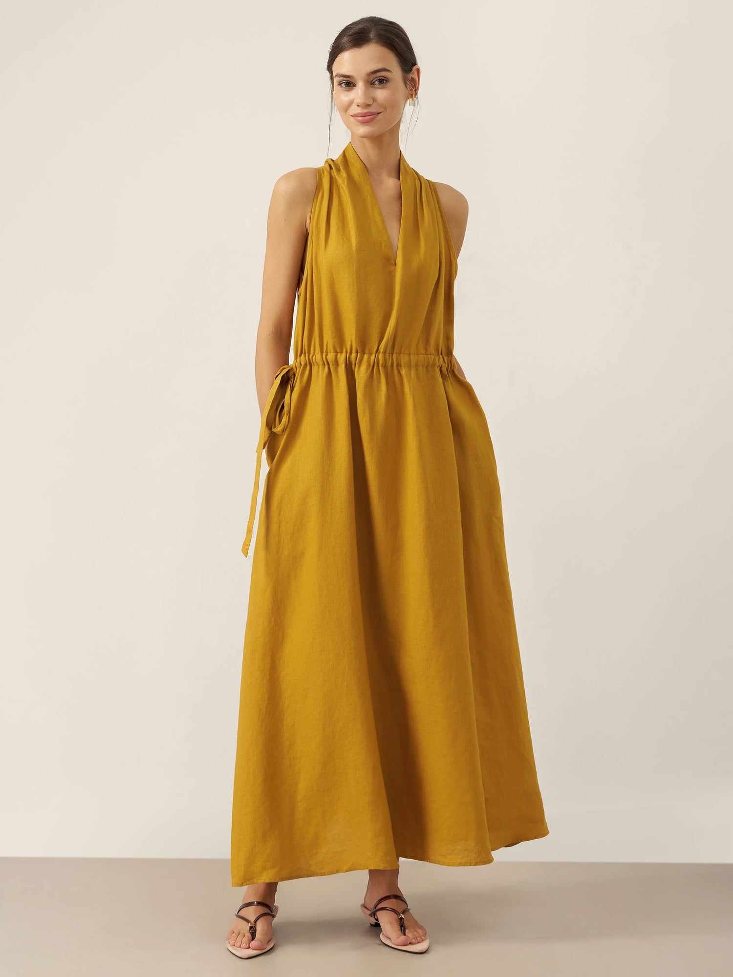 100% Linen V-Neck Halter Maxi Dress BETH by LINTICO