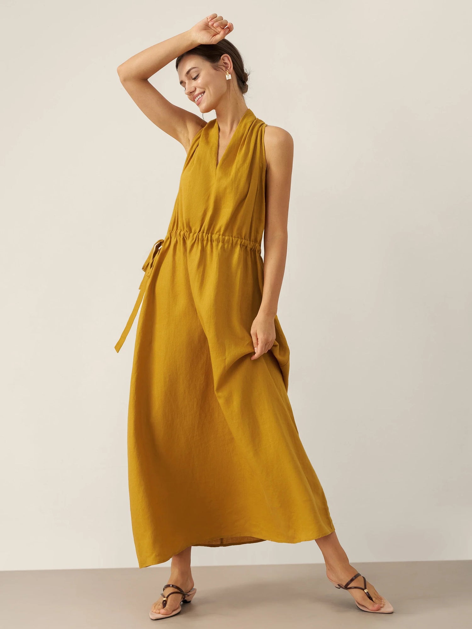 100% Linen V-Neck Halter Maxi Dress BETH by LINTICO