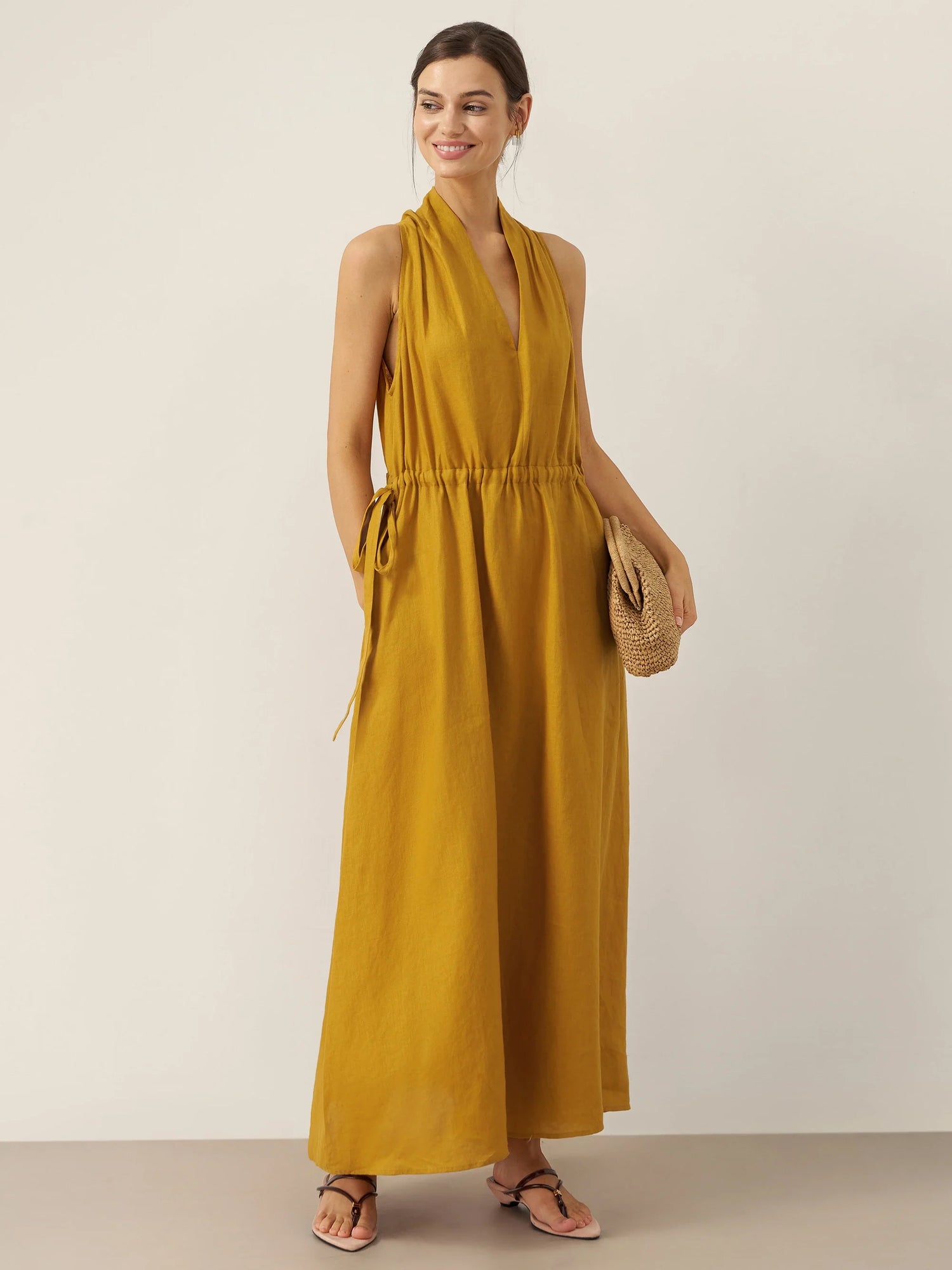 100% Linen V-Neck Halter Maxi Dress BETH by LINTICO
