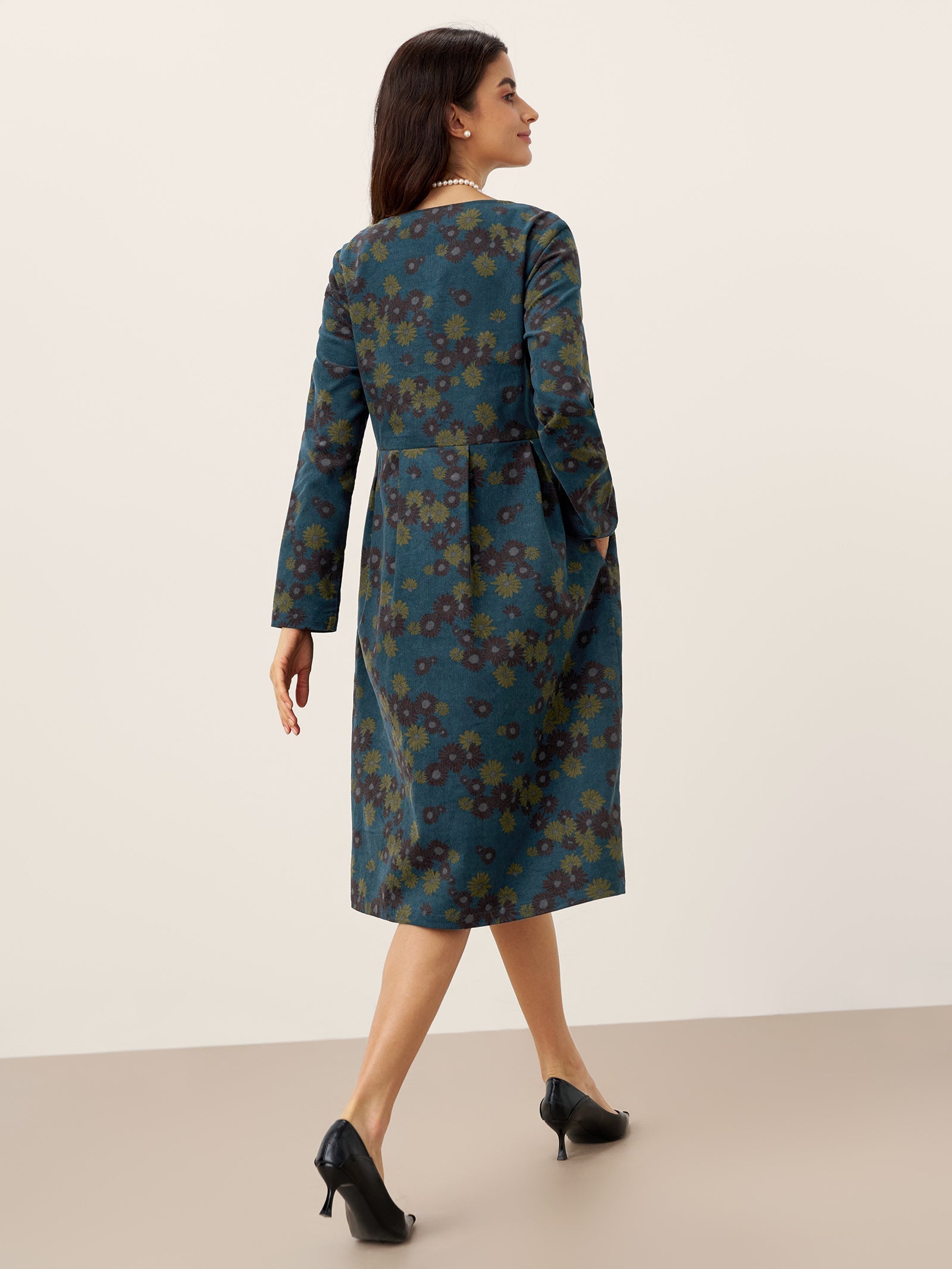 100% Organic Cotton Ruched Print Boat Neck Midi Dress CRESSIDA  DestGlow