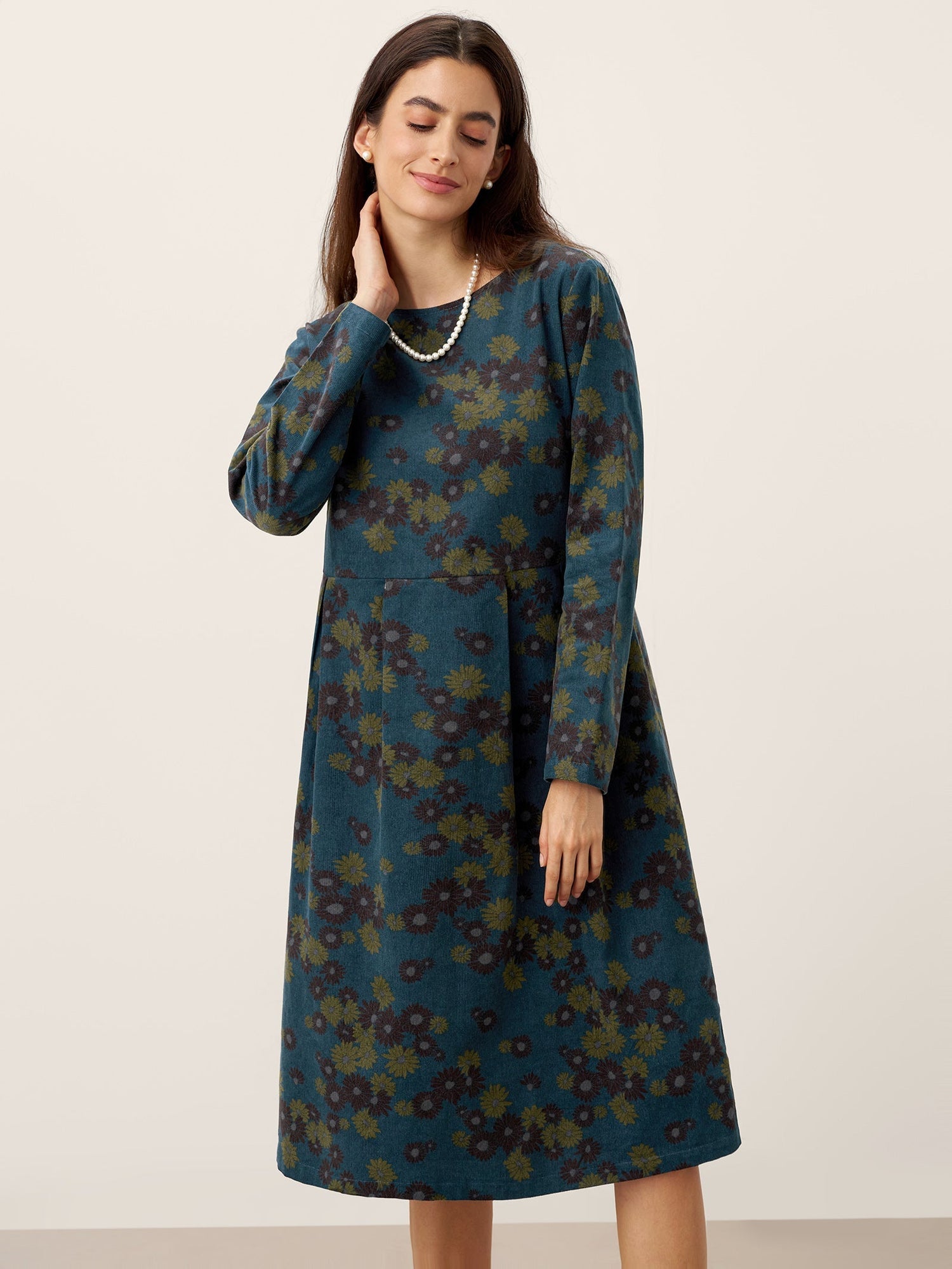 100% Organic Cotton Ruched Print Boat Neck Midi Dress CRESSIDA  DestGlow