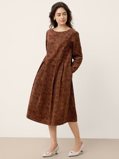 100% Organic Cotton Ruched Print Boat Neck Midi Dress CRESSIDA  DestGlow