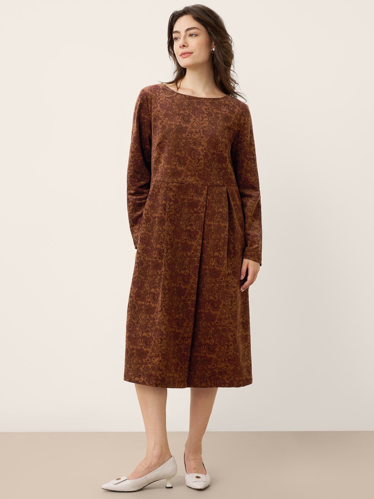 100% Organic Cotton Ruched Print Boat Neck Midi Dress CRESSIDA  DestGlow