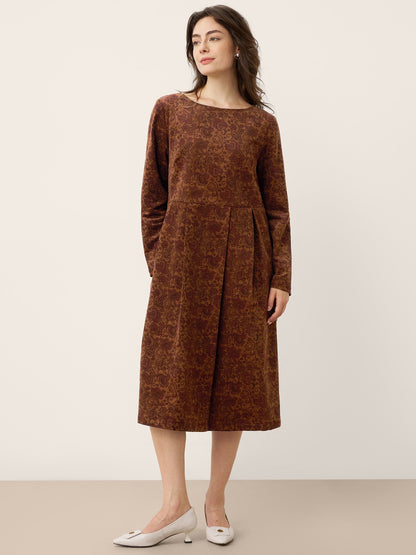 100% Organic Cotton Ruched Print Boat Neck Midi Dress CRESSIDA  DestGlow