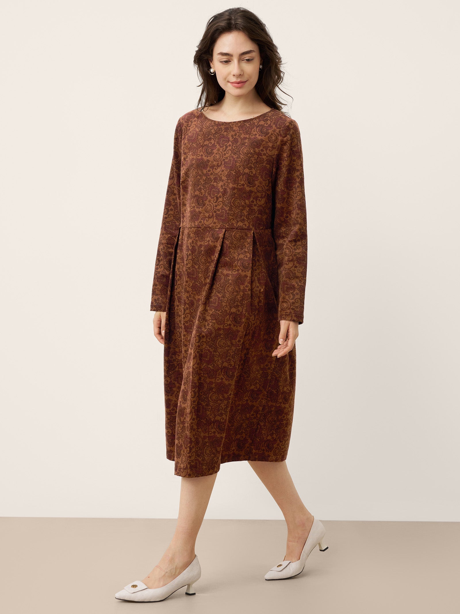 100% Organic Cotton Ruched Print Boat Neck Midi Dress CRESSIDA  DestGlow