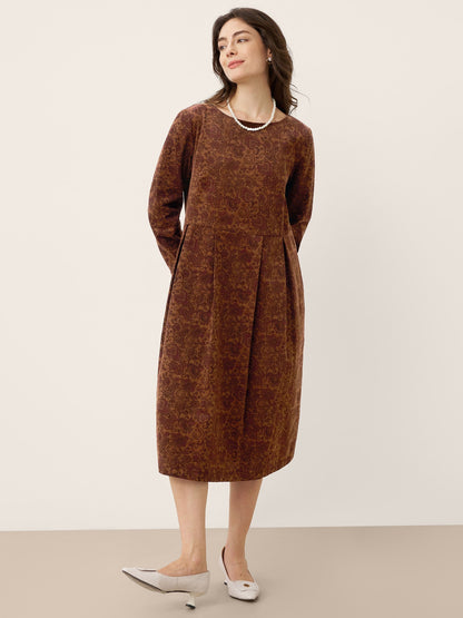 100% Organic Cotton Ruched Print Boat Neck Midi Dress CRESSIDA  DestGlow