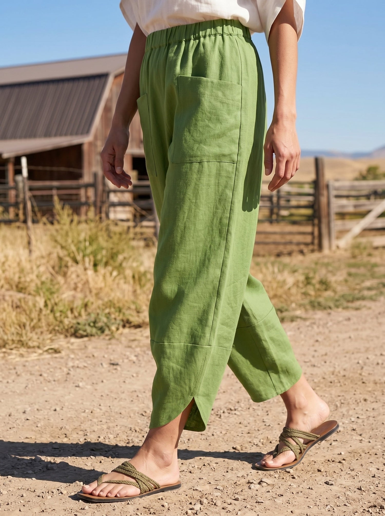100% Linen Petal-Hem Trousers with Elastic Waist LIV by LINTICO