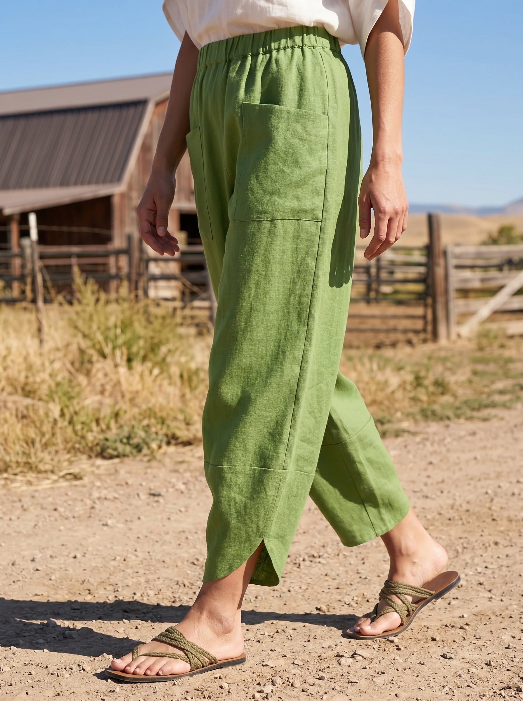 100% Linen Petal-Hem Trousers with Elastic Waist LIV by LINTICO