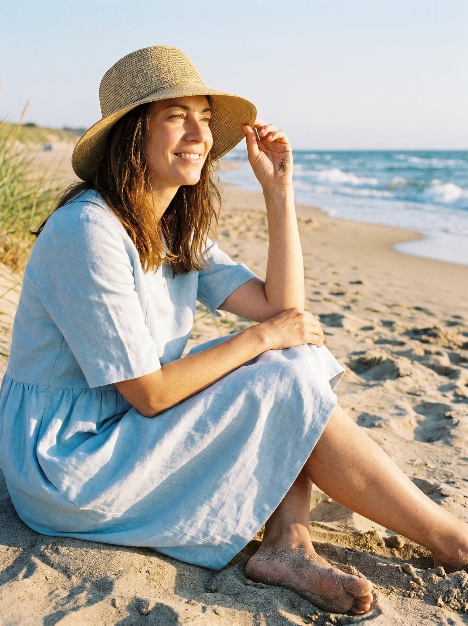 100% Linen Shawl V-Neck Pleated Maxi Dress SUSAN by LINTICO