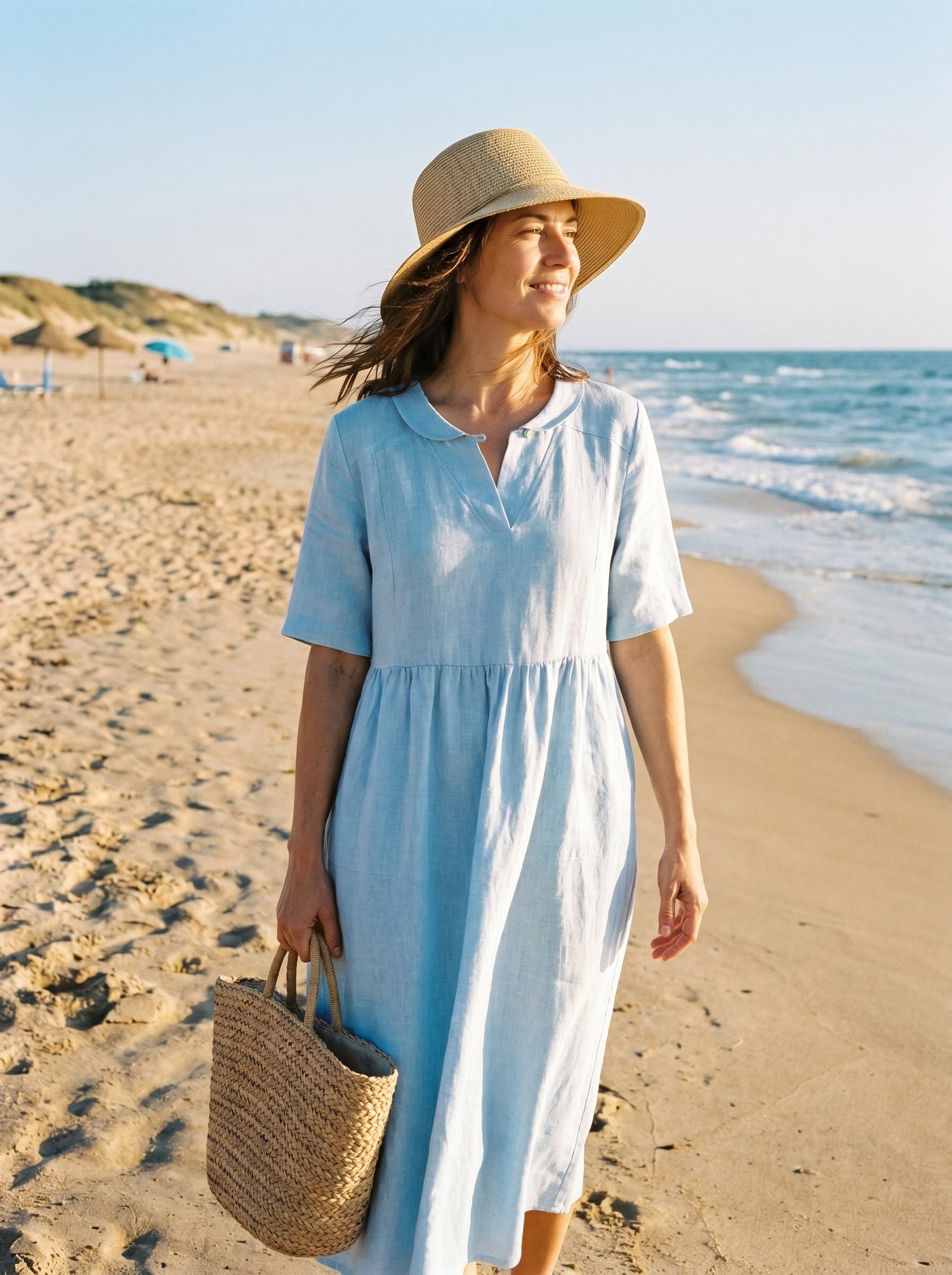 100% Linen Shawl V-Neck Pleated Maxi Dress SUSAN by LINTICO