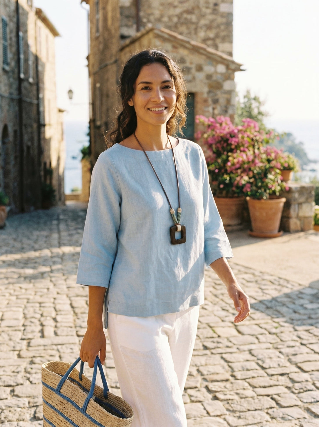 100% Linen Boatneck 3/4 Length Sleeve Top AURORA by LINTICO