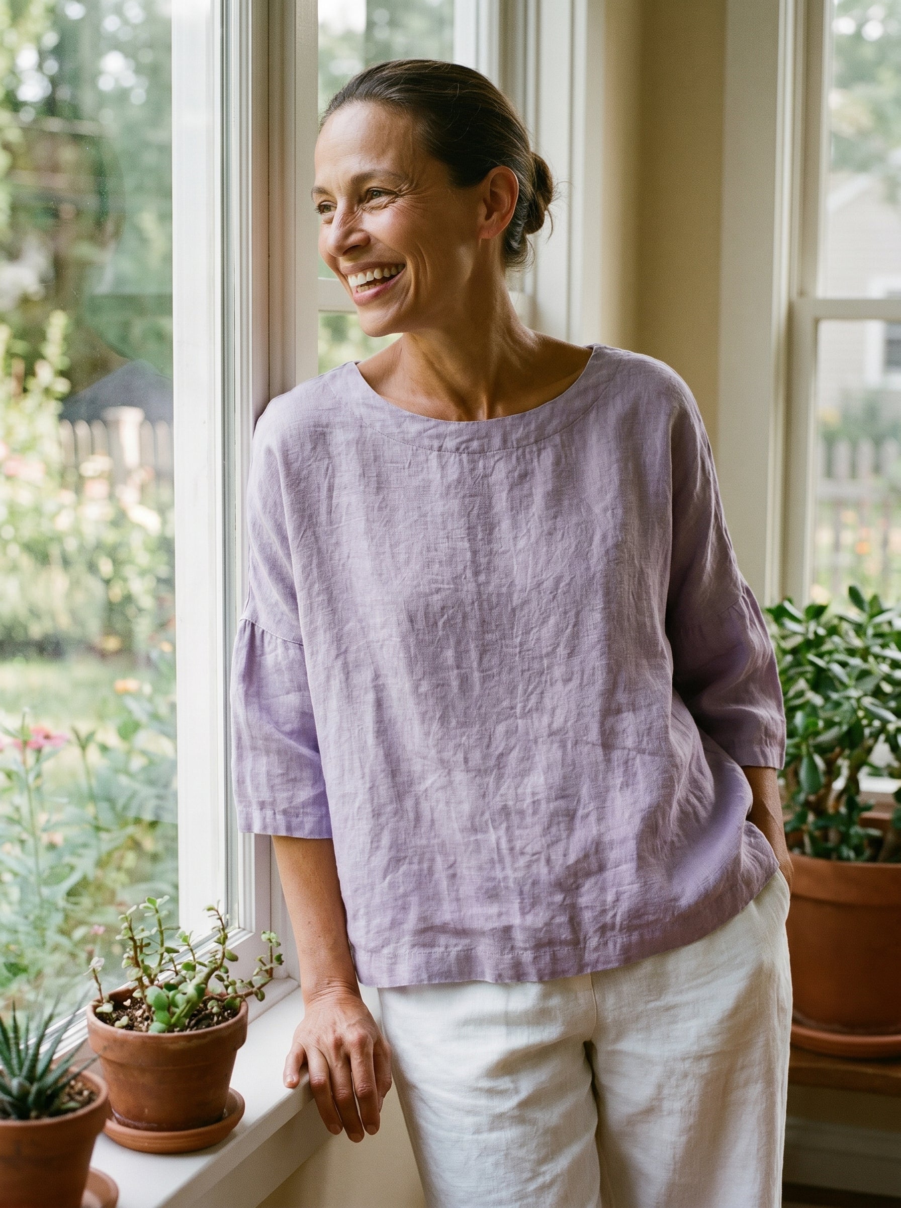 100% Linen Gingham Checked Boatneck 3/4 Length Sleeve Top AURORA by LINTICO