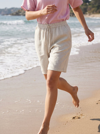 100% Linen Elastic Drawstring Waist Capri Pants XIMENA by LINTICO