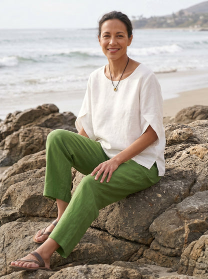 100% Linen Round Neck Petal-Sleeve Pullover LAUREL by LINTICO