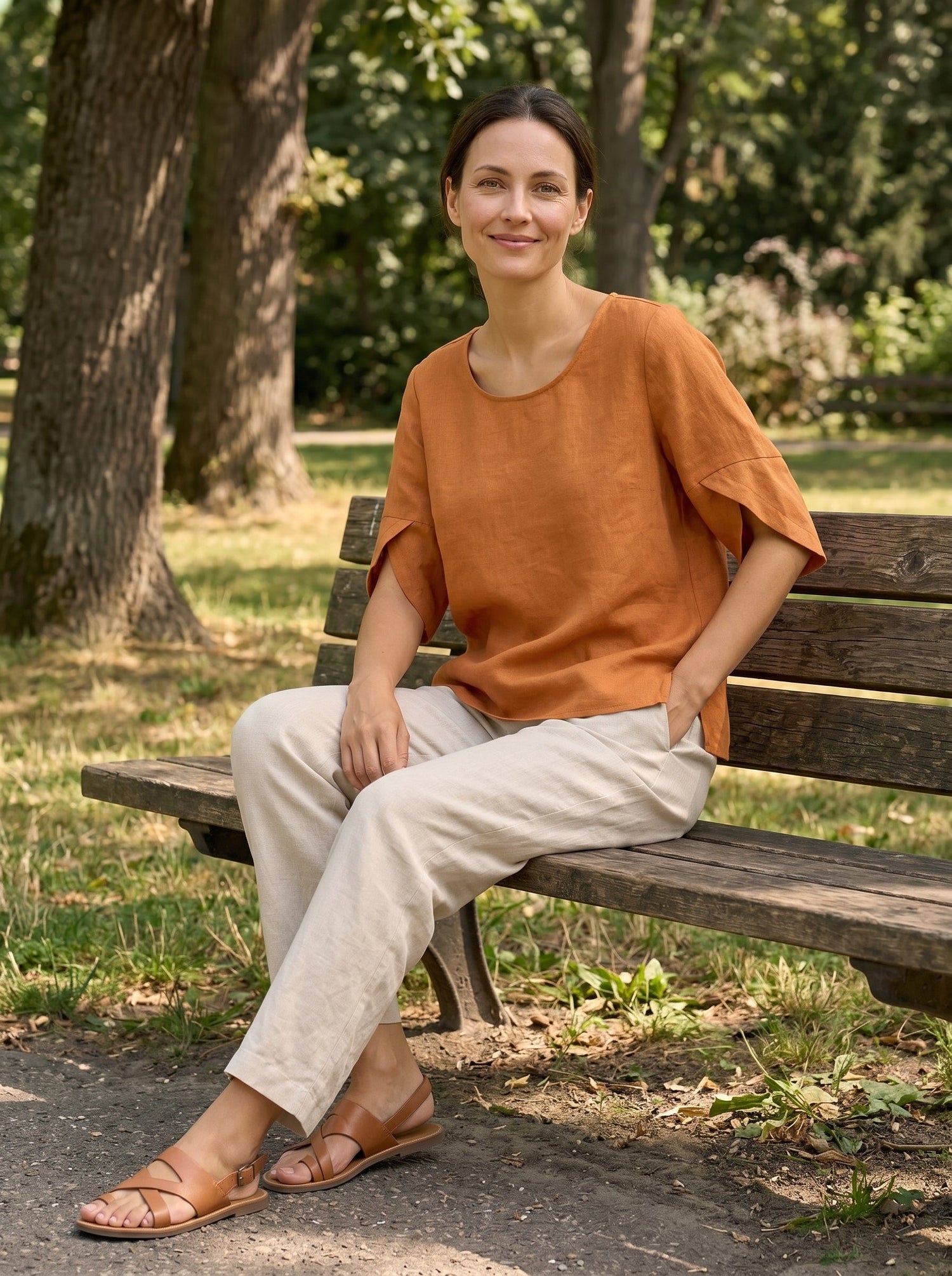 100% Linen Round Neck Petal-Sleeve Pullover LAUREL by LINTICO