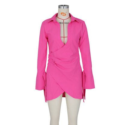 Fall Wome Clothing Sexy Pleated Criss Cross Shirt Dress Women Clothing by Ragazza