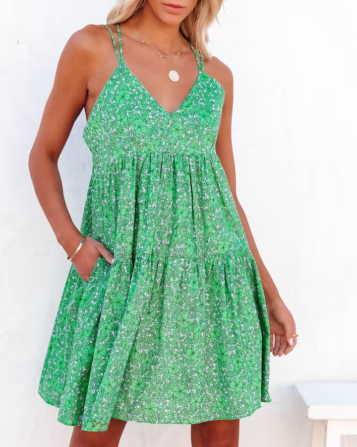 Women New Floral Print Criss Cross Strap V Neck Dress by Ragazza