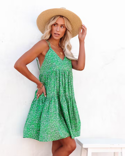 Women New Floral Print Criss Cross Strap V Neck Dress by Ragazza