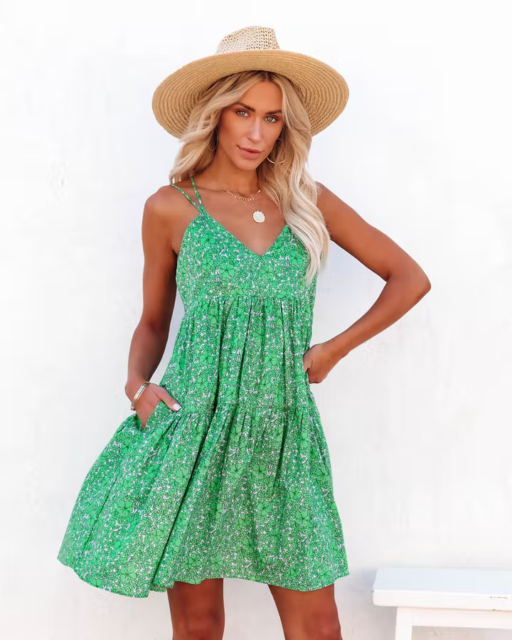 Women New Floral Print Criss Cross Strap V Neck Dress by Ragazza