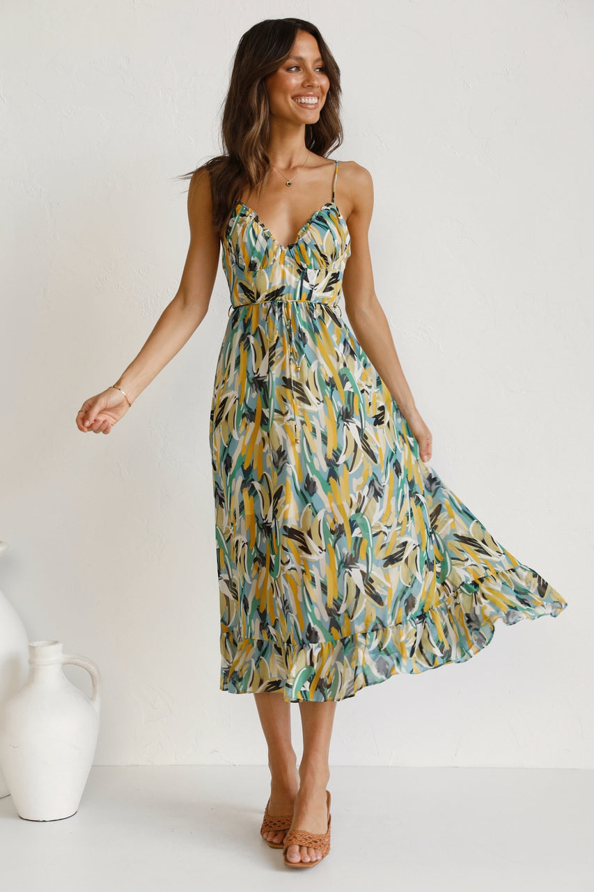 Women New Printed Wooden Ear Suspender Dress by Ragazza