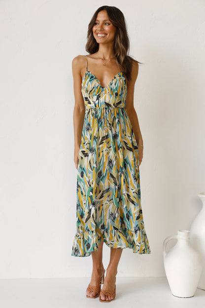 Women New Printed Wooden Ear Suspender Dress by Ragazza