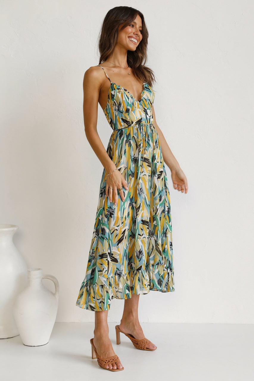 Women New Printed Wooden Ear Suspender Dress by Ragazza