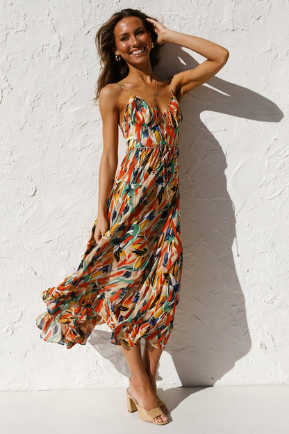 Women New Printed Wooden Ear Suspender Dress by Ragazza