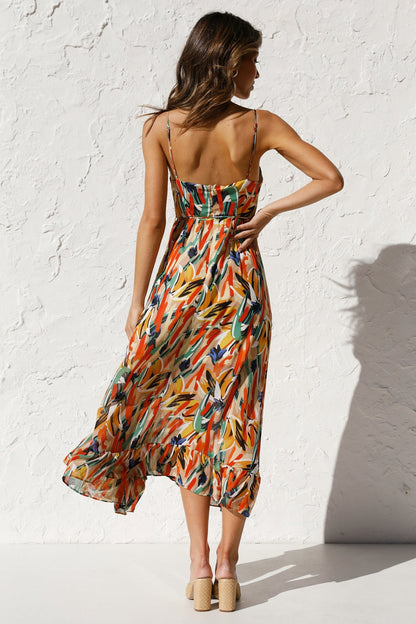 Women New Printed Wooden Ear Suspender Dress by Ragazza