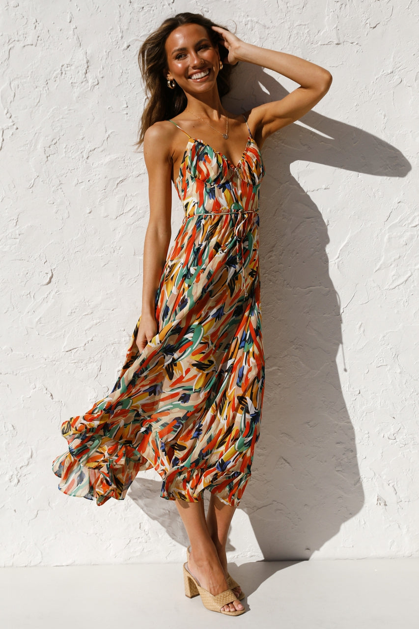 Women New Printed Wooden Ear Suspender Dress by Ragazza