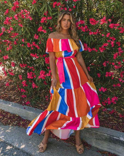 Women New Striped Printed Shoulder Ruffled Dress by Ragazza