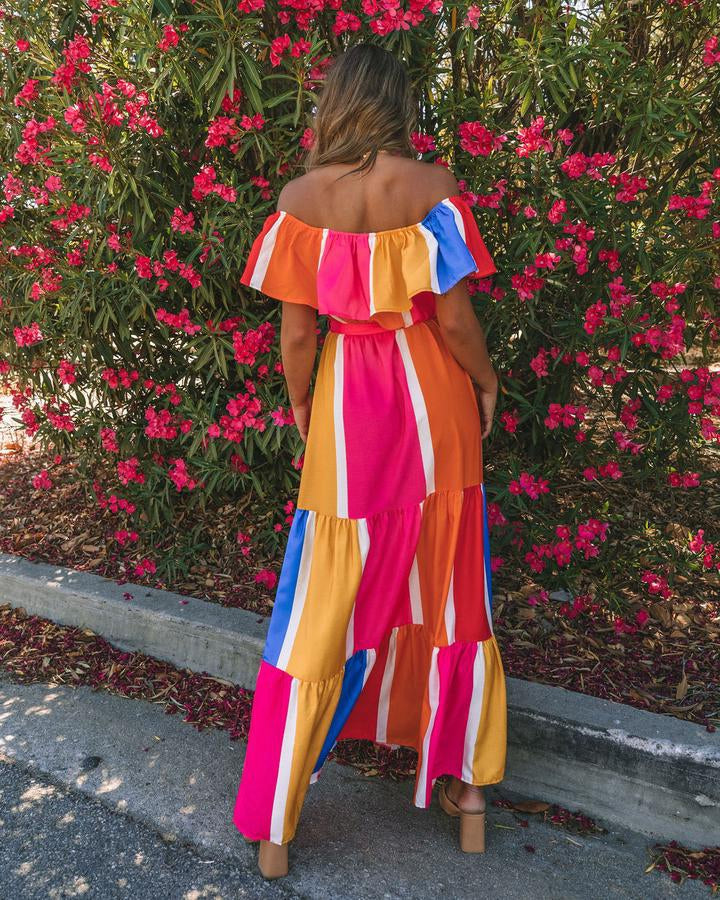 Women New Striped Printed Shoulder Ruffled Dress by Ragazza