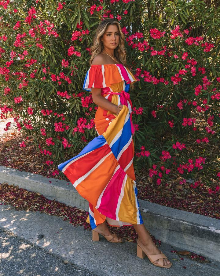 Women New Striped Printed Shoulder Ruffled Dress by Ragazza