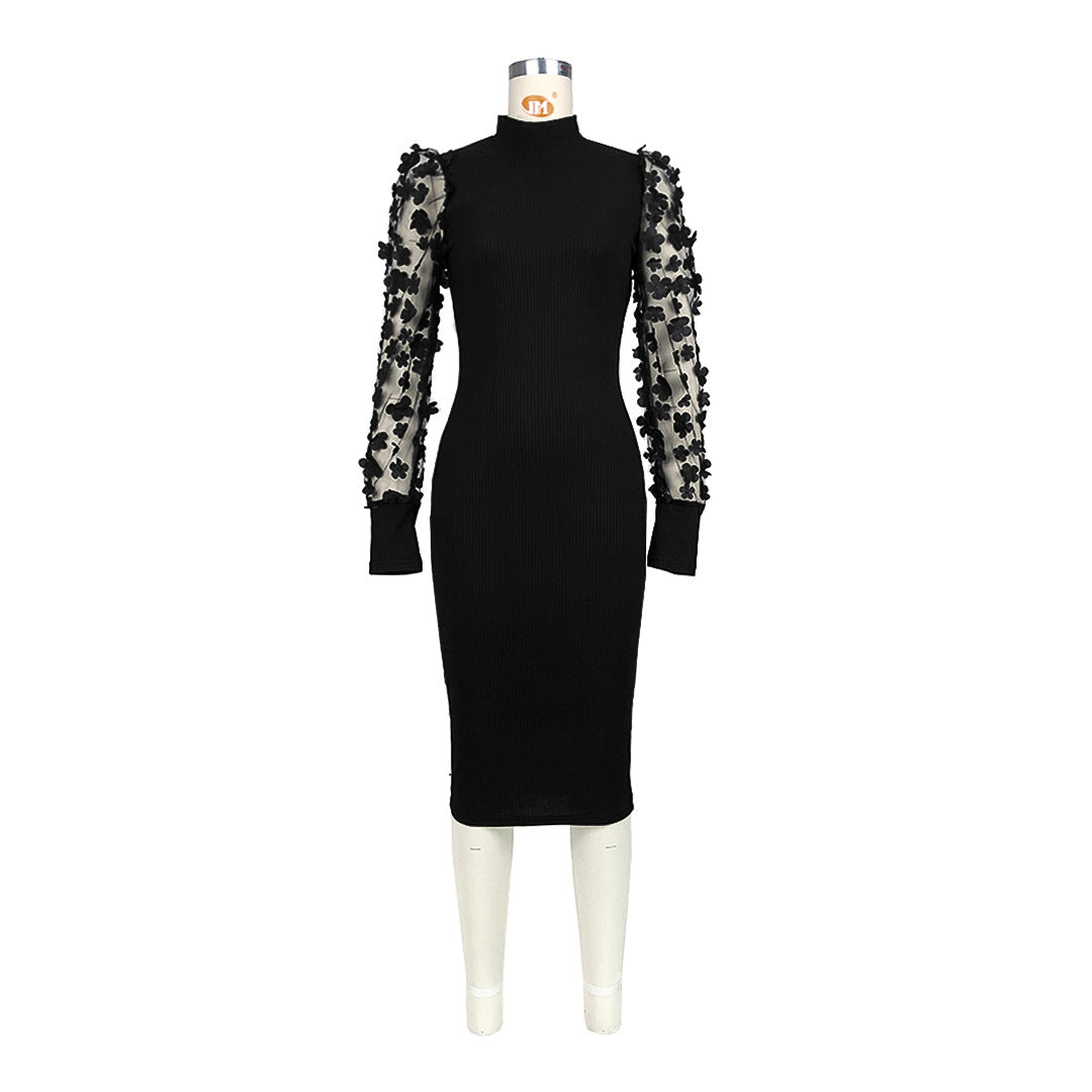 Women Clothing Three Dimensional Petals Mesh Sleeves Rib Fabric One Piece Collar Dress by Ragazza
