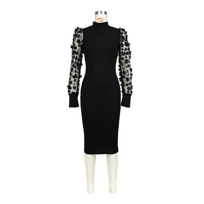 Women Clothing Three Dimensional Petals Mesh Sleeves Rib Fabric One Piece Collar Dress by Ragazza